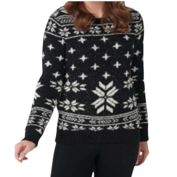 Barefoot Dreams CozyChic Seaside Pullover Black Fair Isle Crew Neck Size Large - Picture 3 of 13